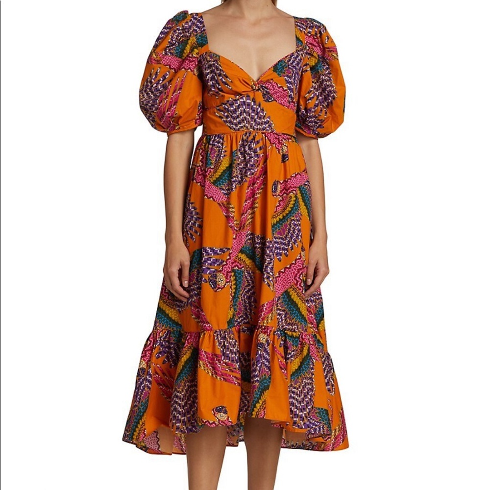 Farm Rio XS Macaw Puff-Sleeve Midi Dress